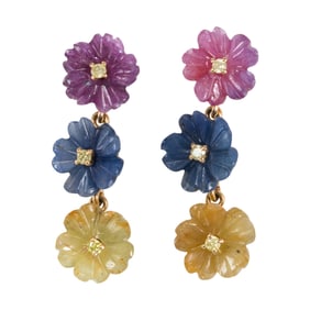 A pair of carved sapphire, diamond, and 18k gold earrings