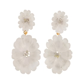 A pair of carved rock crystal, diamond, silver, and 14k gold earrings