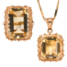 A citrine and 10k gold pendant necklace and ring set