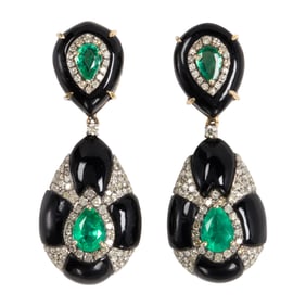 A pair of emerald, diamond, onyx, silver, and 14k gold earrings