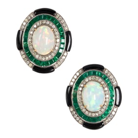 A pair of opal, emerald, diamond, onyx, silver, and 14k gold earrings