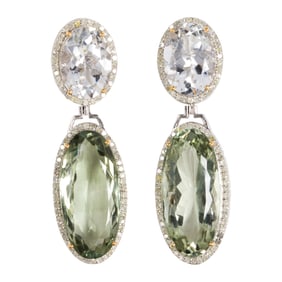 A pair of prasiolite, rock crystal, diamond, silver, and 14k gold earrings