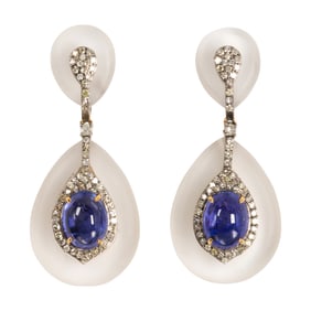 A tanzanite, diamond, rock crystal, silver, and 14k gold earrings