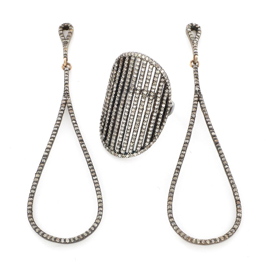 A diamond and blackened silver ring and earring set (1 of 1)