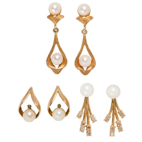Three pairs of cultured pearl, diamond and 14k gold