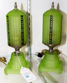 A pair of Art Deco uranium glass skyscraper boudoir lamps