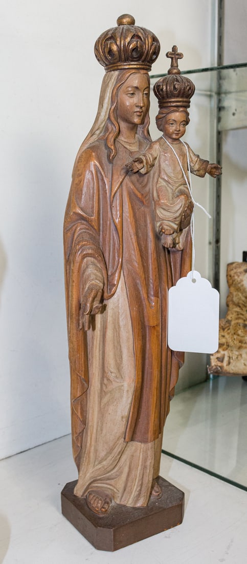 A carved wood statue of Madonna and Infant Jesus, Fusek's Los Angeles: A carved wood statue of Madonna and Infant Jesus, Fusek's Los Angeles 18.25"h