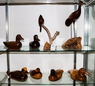 Six Gordon Stennett studio wood bird decoys