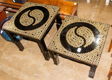 Two contemporary Chinese lacquer tables, both with coin decorated tops