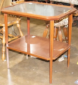 A Classical style mahogany and satinwood tray table with removeable glass tray top