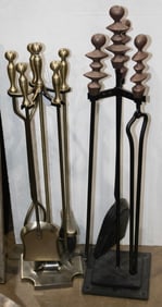 Two contemporary sets of firetools with stands