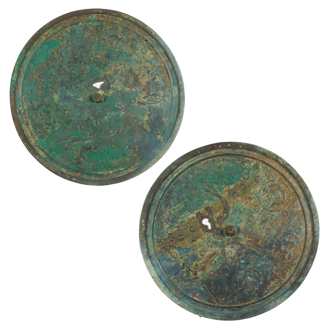(lot of 2) Asian bronze mirrors: (lot of 2) Asian bronze mirrors. 14.75" wide.
