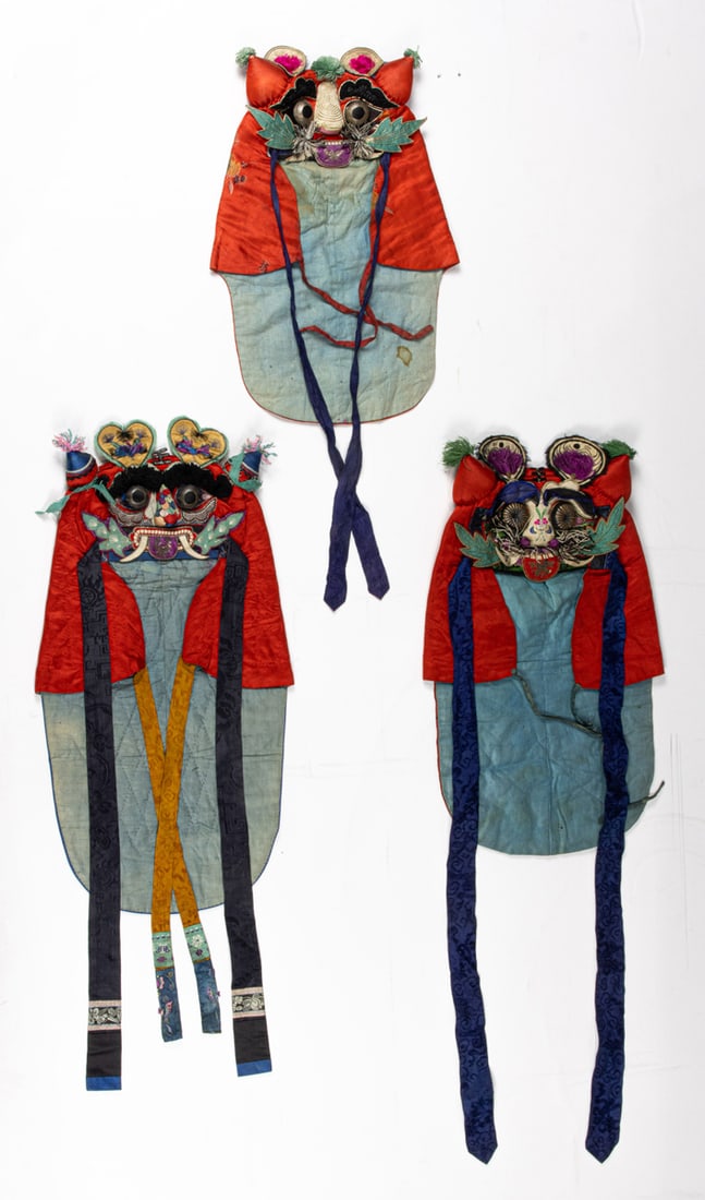 (lot of 3) Chinese embroidered children's hats: (lot of 3) Chinese embroidered children's hats. 22" longest.