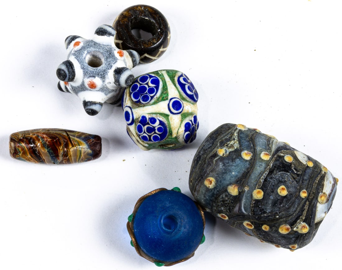 (lot of 6) Chinese glass beads: (lot of 6) Chinese glass beads. 0.75" to 1.75" across.