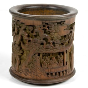 A Chinese carved bamboo brush pot
