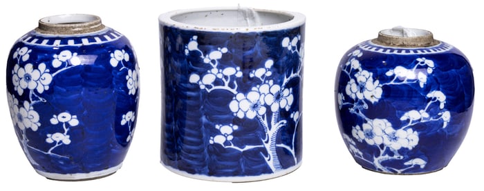 (lot of 3) Chinese blue and white jars and brush pot