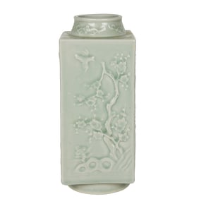 A Chinese celadon glazed square-form vase with molded decorations