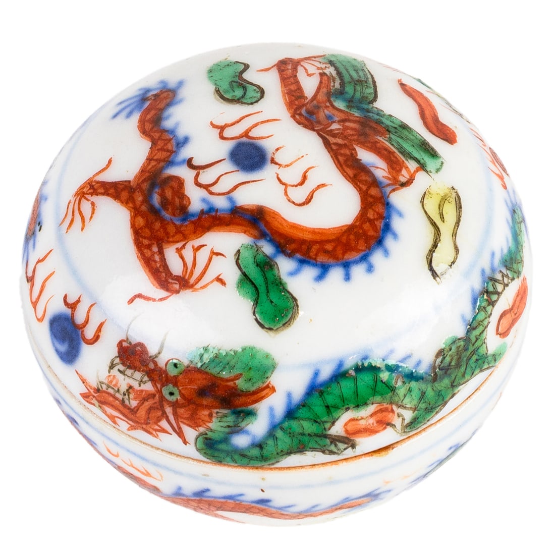 A Chinese wucai 'dragon' seal paste box (1 of 2)