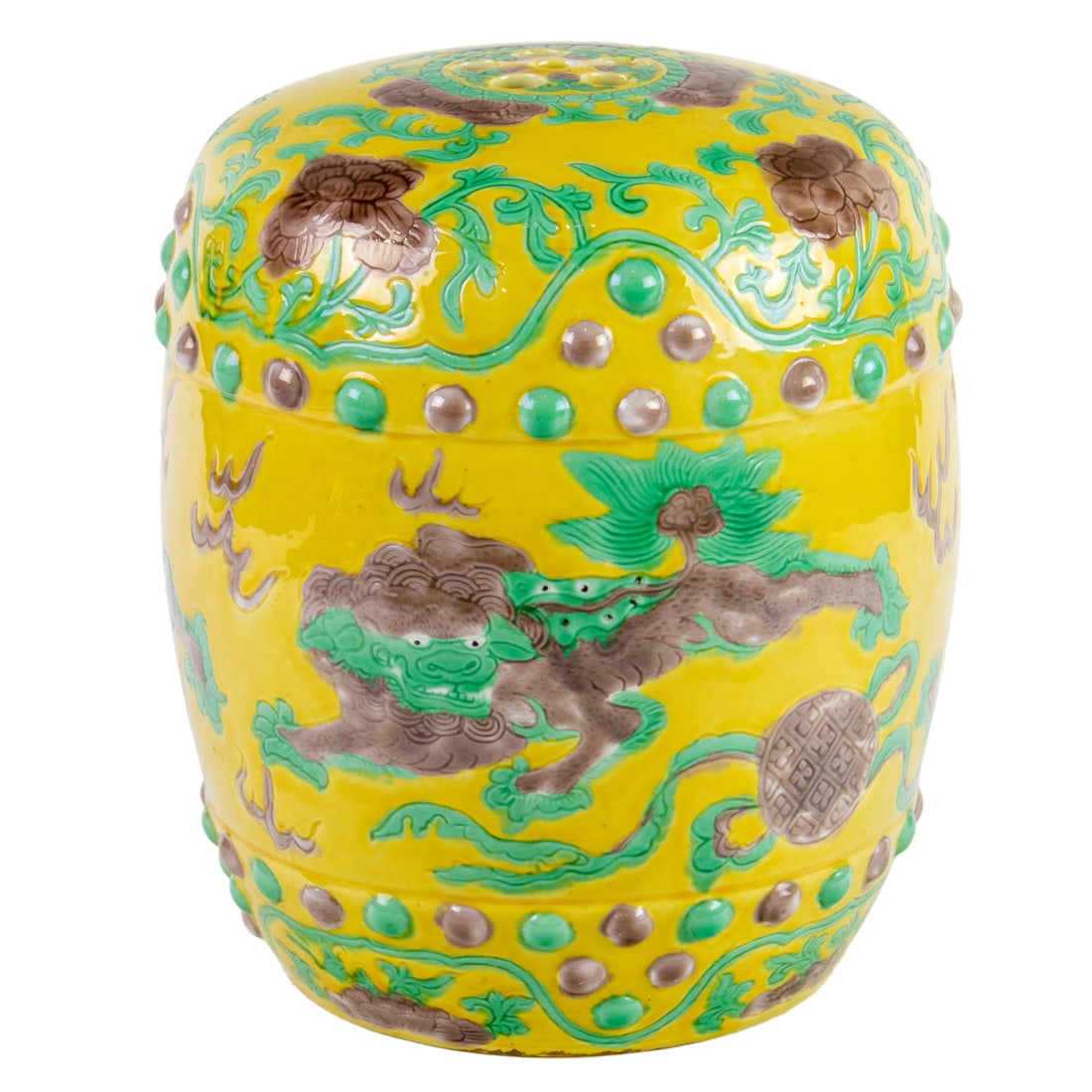 A Chinese famille verte yellow ground stool: A Chinese famille verte yellow ground stool. Featuring lions and lotus design, late 19th/early 20th century, 9.5" high.