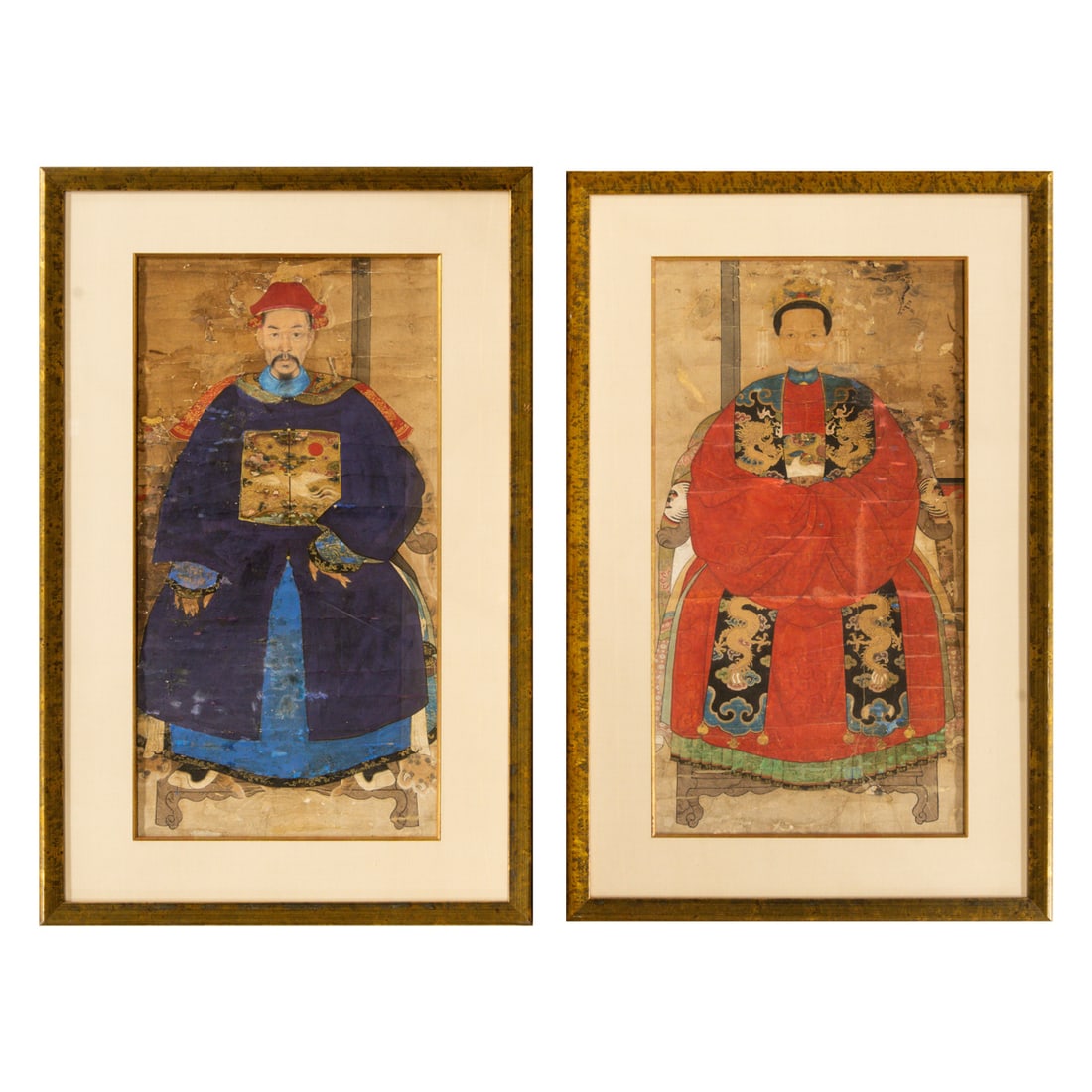 Pair of Chinese ancestral portraits: Pair of Chinese ancestral portraits. Ink and color on paper, framed and glazed, 33"h x 17.75"w.