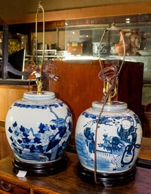 A pair of Chinese blue and white jars as lamps