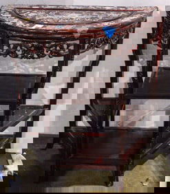 A Chinese hardwood halfmoon table with mother of pearl inlay