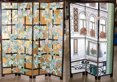 A Persian hardwood laquered seven-panel folding screen