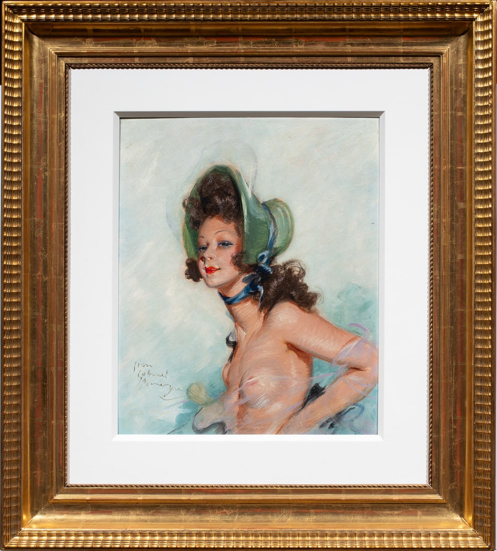 Painting, French School (20th century): French School (20th century), Untitled (Nude in Green Bonnet), oil on board, signed "Jean Gabriel Domergue" lower left, board: 18"h x 15"w, overall (with frame): 31"h x 27.5"w