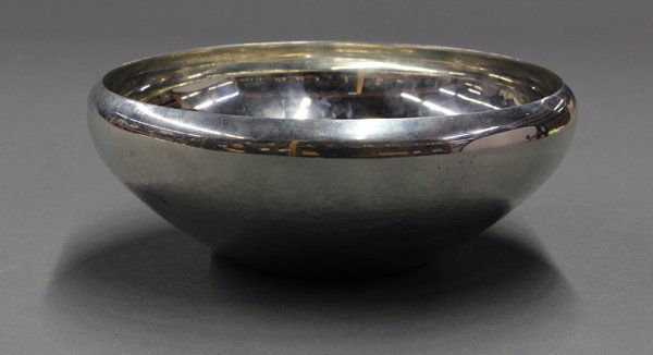 Porter Blanchard presentation bowl: Porter Blanchard presentation bowl, mid 20th century. Hand hammered pewter of tapering circular form. With engraved interior inscription. Marked on bottom. 013/ Hand Made /Porter Blanchard. 2.75"h x 8