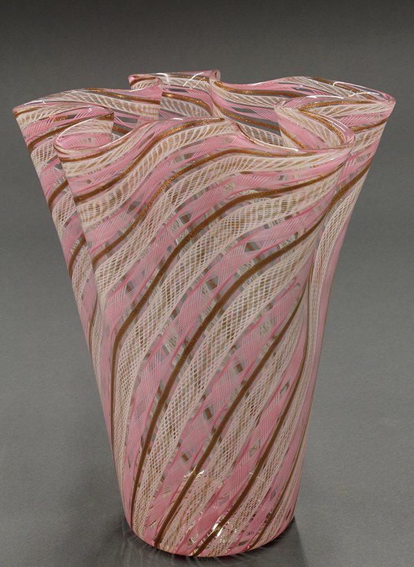 Italian style art glass vase: Italian style art glass vase, mid 20th century. Cylinder vase with undulating rim done in clear glass with alternating pink and white ribbon and gilt band. Pontil mark. 9"h x 8"dia