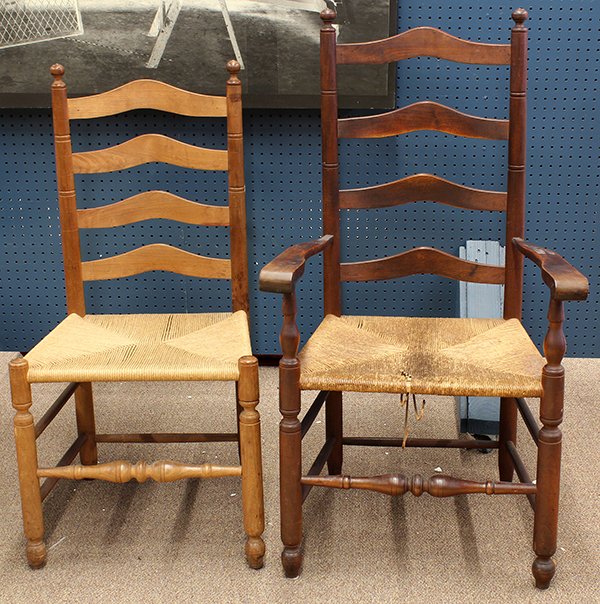 Primitive style ladder back chairs: (lot of 8) Early American style ladder back chairs, having turned finials surmounting the columnar stiles supporting the shaped back terminating at the rush seat, consisting of two armchairs 45"h x 25