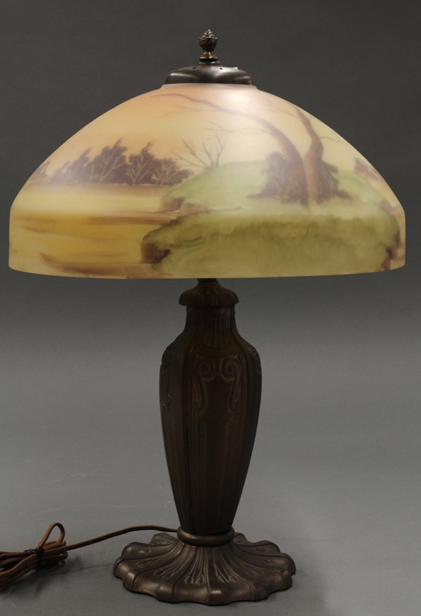 antique lamp with painted screen shade