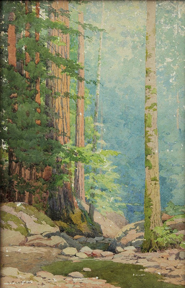 Lorenzo P. Latimer, Watercolor, Redwoods: Lorenzo P. Latimer (Californian, 1857-1941), Redwoods, watercolor, signed lower left, sight: 16.5"h x 10.5"w, overall (with frame): 19.5"h x 13.5"w