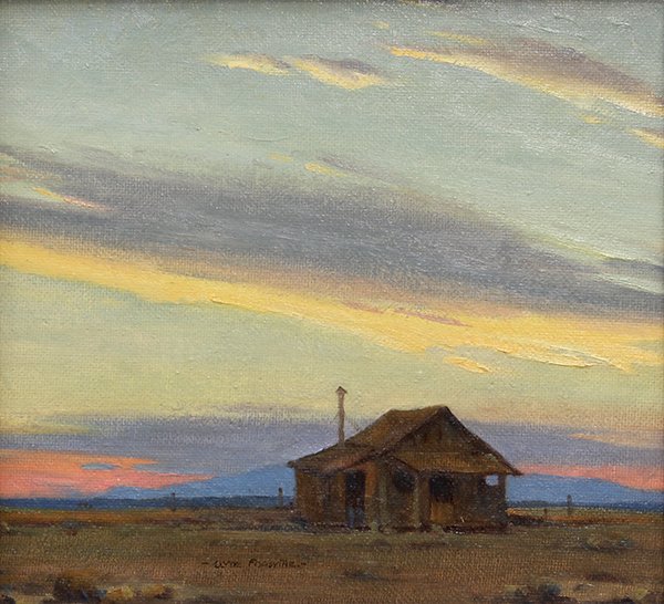 Clyde Forsythe, Miner's Cabin at Sunset, oil on board: Clyde Forsythe (Californian, 1885-1962), Miner's Cabin at Sunset, oil on board, signed lower center, board: 12"h x 13"w, overall (with frame): 18"h x 19"w