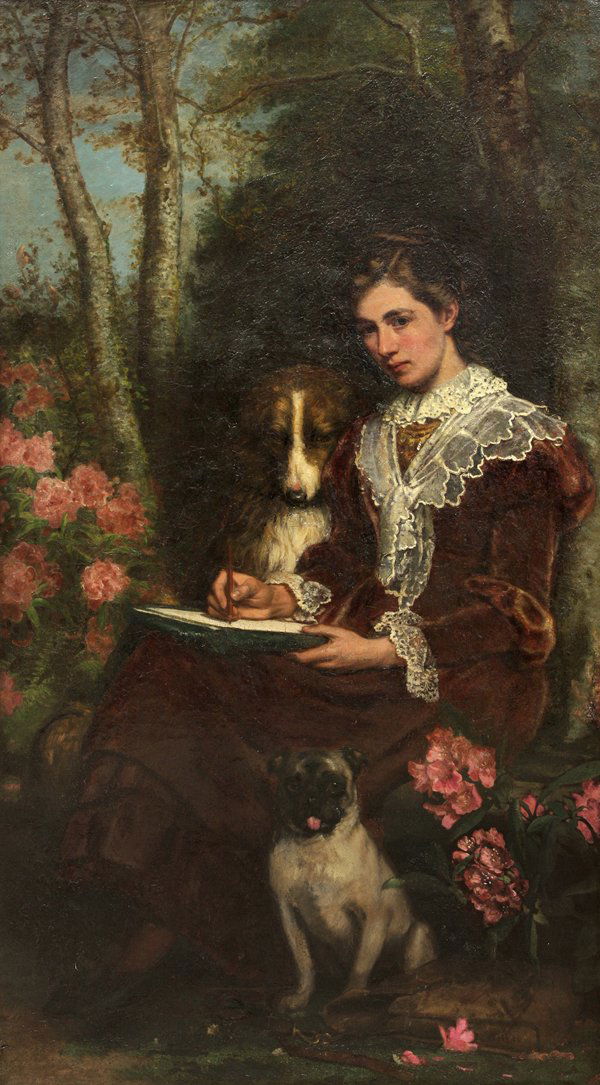 Oil on canvas, ''Sketching Companions,'' 1889, by Henry: Framed oil on canvas, ''Sketching Companions,'' 1889, by Henry Hetherington Emmerson (British, 1831-1895), initialed and dated ''H.H.E. '89'' lower right, canvas: 65''h x 36.25''w, overall:69''h x 40.
