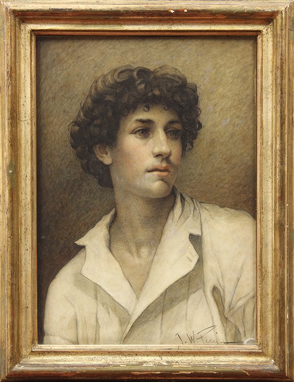 John W. Perrin, Drawing, Young Man: John W. Perrin (British, 1884-1909), Portrait of a Young Man, mixed media watercolor with charcoal on paper, signed lower left, sight: 20.75"h x 14.75"w, overall (with frame): 26.25"h x 20"w