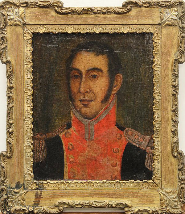 Painting, Mexican, General Santa Anna, 19th century: Anonymous, Mexican School (19th century), Portrait of General Antonio Lopez de Santa Anna, oil on canvas laid to board, canvas: 17"h x 14"w, overall (with frame): 24"h x 21"w