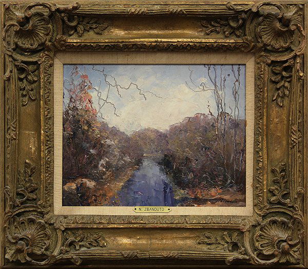 Nina Zbanduto, Awakenings,oil on board: Nina Zbanduto (Russian, 1894-1988), "Awakenings," oil on board, signed lower right, titled and signed verso, board: 8"h x 10"w, overall: 14.25"h x 16.25"w