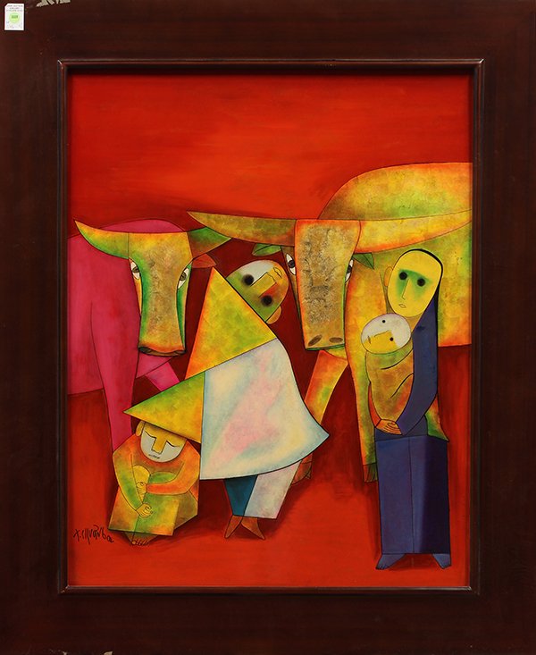 Thanh Chuong, Vietnamese, Painting: Thanh Chuong (Vietnamese, b. 1948), "My Family," lacquer on wood, signed lower left, sight: 35"h x 27"w, overall (with frame): 44.5"h x 36.5"w