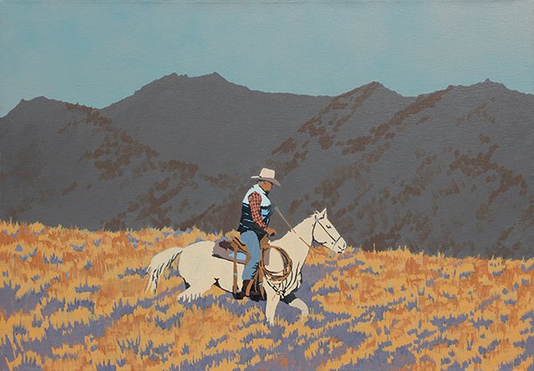 Bill Schenck, Painting, Mounted Cowboy: Bill Schenck (American, b. 1947), Cowboy in Golden Grass, 1979, oil on canvas, signed and dated verso, canvas: 28.5"h x 40.5"w. Provenance: Purchased from the Monte Dolack Gallery, Missoula, Montana (