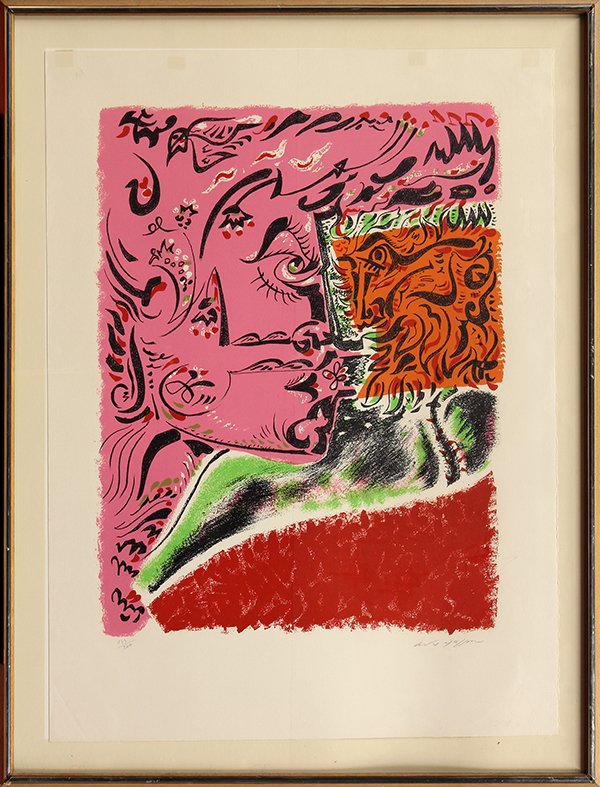 Andre Masson, Pink Profile, lithograph: Andre Masson (French, 1896-1987), Pink Profile, lithograph, pencil signed and numbered edition of 200 within lower margin, paper: 29.5"h x 22"w, overall (with frame): 34"h x 26"w