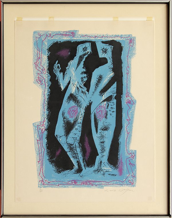 Andre Masson, Lithograph, Two Blue Figures: Andre Masson (French, 1896-1987), Two Blue Figures, lithograph, pencil signed and numbered edition of 200 within lower margin, paper: 25.5"h x 19.75"w, overall (with frame): 30.5"h x 24"w