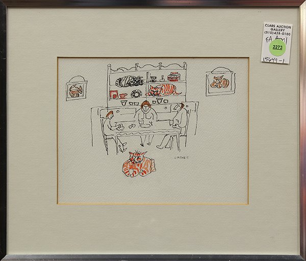 Janet Mitchell, "Phillip's Cats," watercolor ink on pap: Janet Mitchell (Canadian, 1912-1998), "Phillip's Cats," watercolor ink on paper, signed "J. Mitchell" lower right, sight: 6.5"h x 8.5"w, overall (with frame): 11"h x 13.75"w
