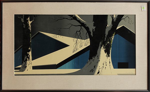 Eyuind Earle, Snow Topped Blue Barn, color silkscreen: Eyuind Earle (American, 1916-2000), Snow Topped Blue Barn, color silkscreen, signed lower right, numbered edition of 300 lower left, sight: 20"h x 39.5"w, overall (with frame): 29"h x 48.5"w