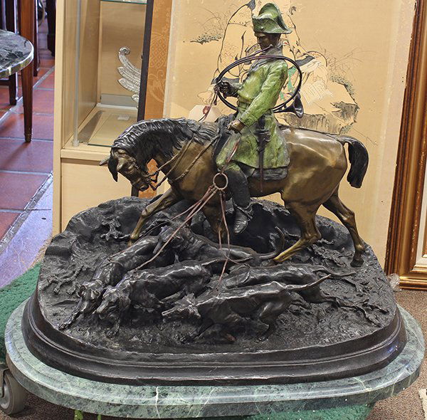 After Pierre-Jules Mene, Hunter with Hounds, patinated : After Pierre-Jules Mene (French, 1810-1879), Hunter with Hounds, patinated bronze sculpture, bears signature bottom right, mounted on green marble base, overall: 26"h x 32"w x 18.5"d