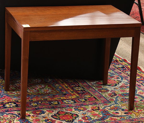 George Nelson side table: George Nelson side table, mid 20th century. Execuated in walnut with rectangular top resting on tapered square legs. Labeled George Nelson for Herman Miller. Herman Miller Cat.5634, 1958, 18.5"h x 24"