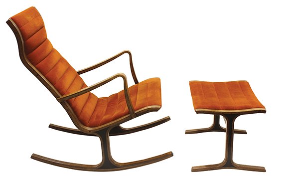 Mitsumasa Sugasawa rocker and ottman for Tendo Mokko: (lot of 2) Mitsumasa Sugasawa rocker and ottman for Tendo Mokko, 1966. Japanese oak frame with orange velvet upholstery. 36"h. 22"w. Winner of the 1996 Kitaro Kunii Industrial Arts Prize.
