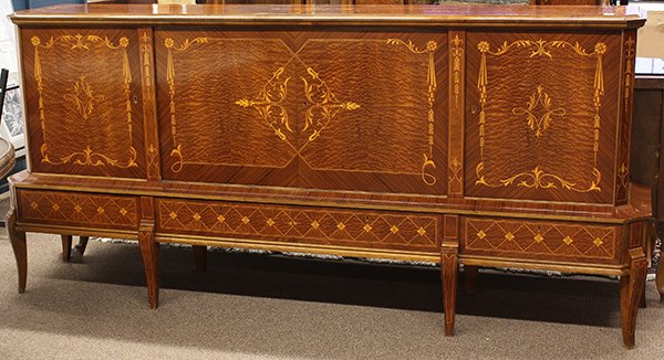 French Neoclassical style burlwood and marquetry inlaid: French Neoclassical style burlwood and marquetry inlaid sideboard, the rectangular top above a conforming marquetry decorated case flanked with bellflower decorated pilasters, the lower case with geom