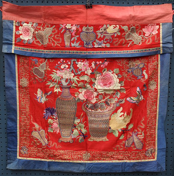 Chinese Silk Altar Hanging, Flowers: Chinese altar frontist hanging, featuring a vase of prunus and bamboo along with a pot of peonies together with Buddha hand citron on a red satin silk ground, the upper flap decorated with Daoist trea