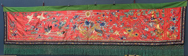 Chinese Hanging Textile, Hundred Birds: Chinese red silk hanging, the red satin silk ground featuring the Hundred Birds executed in satin stitches and couching in gilt wrapped threads, the right with a dedication colophon for a birthday cel